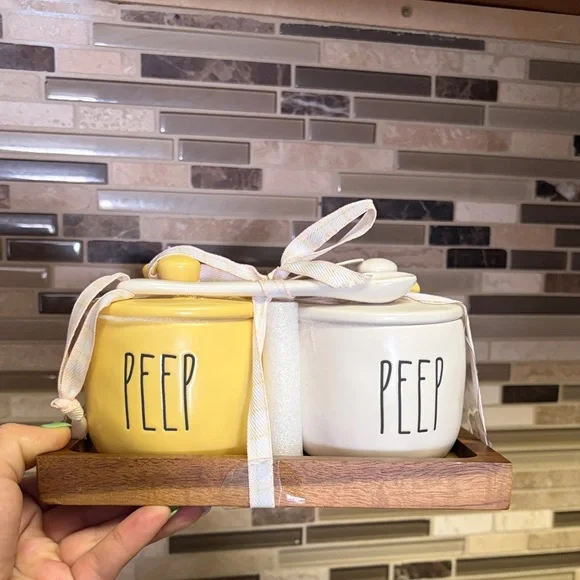 Rae Dunn Peep Ceramic Salt and Pepper Jars With Spoons NWT - Picture 2 of 8